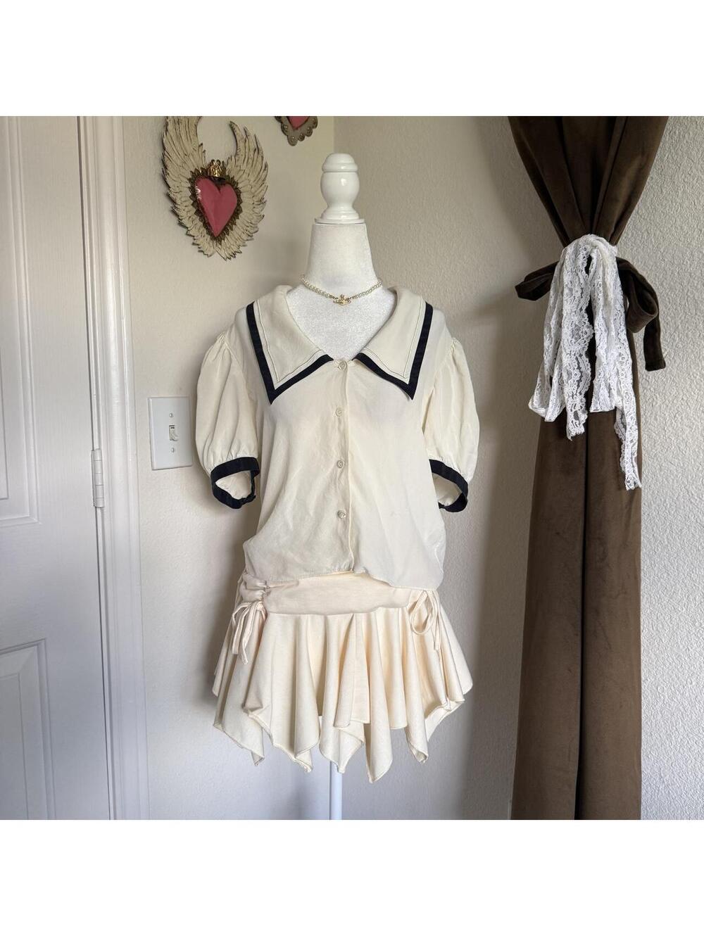 FRAME The Silk Sailor Blouse S Cream Navy Puff Sleeve Designer Top